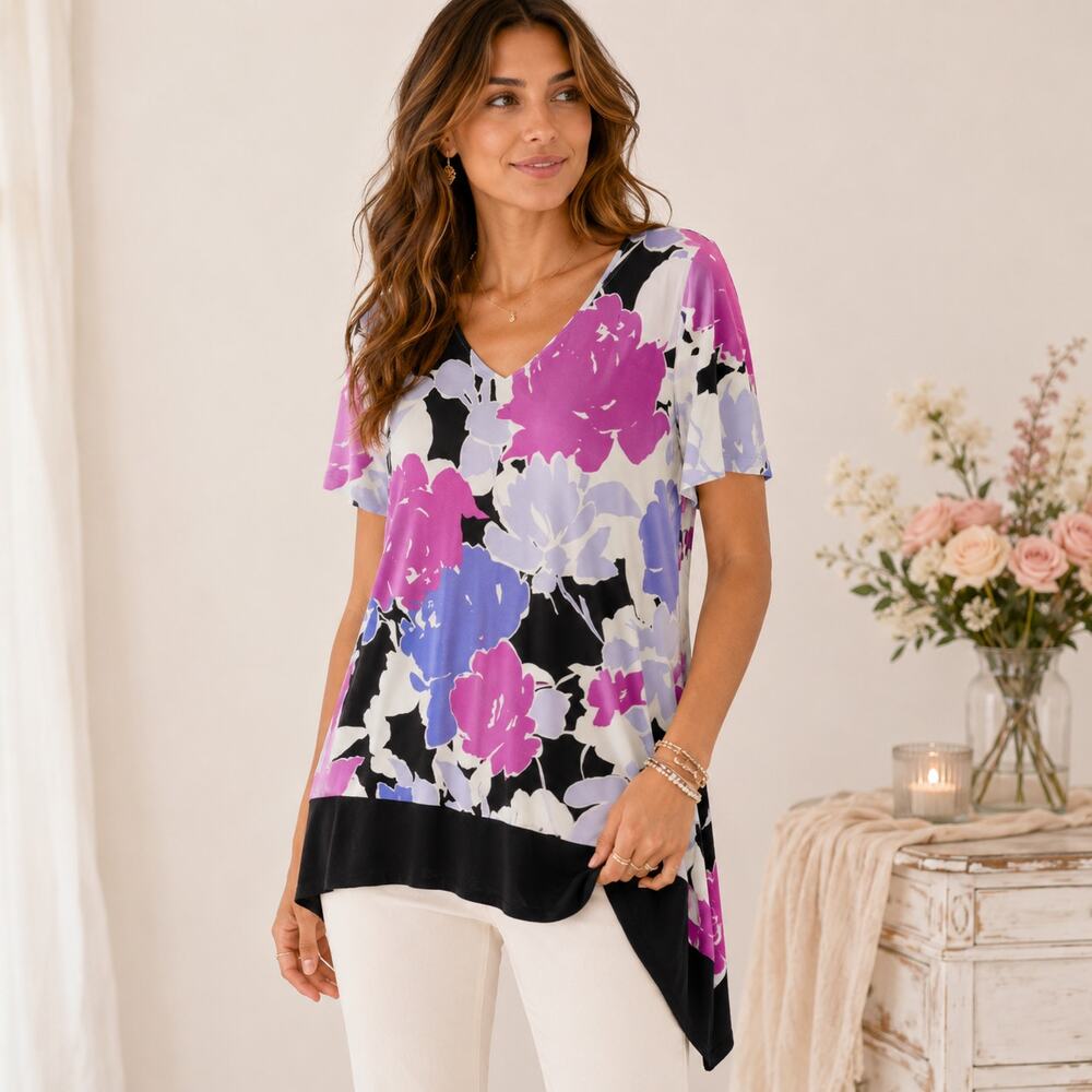 Susan Graver Liquid Knit Blouse Women's Size L Purple Floral Casual Office Boho